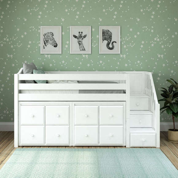 GREAT5 WC : Storage & Study Loft Beds Twin Low Loft Bed with Stairs + Storage, Curve, White