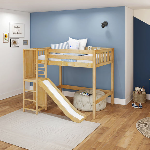 GROOVE NS : Play Loft Beds Full High Loft Bed with Slide Platform, Slat, Natural