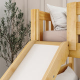 HAPPY NS : Bunk Bed Classic Mid Twin Bunk Bed with Slide and Angled Ladder on Front, Natural Birch Slats