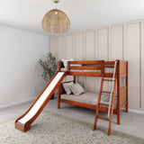HAPPY XL CP : Play Bunk Beds Twin XL Medium Bunk Bed with Slide and Angled Ladder on Front, Panel, Chestnut