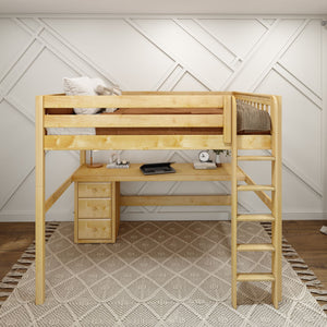 HEFTY1 XL NS : Storage & Study Loft Beds Queen High Loft Bed with Straight Ladder + Desk, Slat, Natural