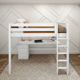 HEFTY2 XL WS : Storage & Study Loft Beds Queen High Loft Bed with Straight Ladder + Desk, Slat, White