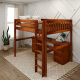 HEFTY3 XL CS : Storage & Study Loft Beds Queen High Loft Bed with Straight Ladder + Desk, Slat, Chestnut