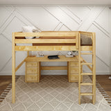 HEFTY3 XL NS : Storage & Study Loft Beds Queen High Loft Bed with Straight Ladder + Desk, Slat, Natural
