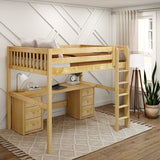 HEFTY3 XL NS : Storage & Study Loft Beds Queen High Loft Bed with Straight Ladder + Desk, Slat, Natural