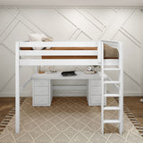 HEFTY3 XL WS : Storage & Study Loft Beds Queen High Loft Bed with Straight Ladder + Desk, Slat, White