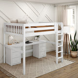 HEFTY3 XL WS : Storage & Study Loft Beds Queen High Loft Bed with Straight Ladder + Desk, Slat, White
