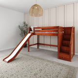 HERO CP : Play Loft Beds Twin Mid Loft Bed with Stairs + Slide, Panel, Chestnut