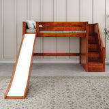 HERO CP : Play Loft Beds Twin Mid Loft Bed with Stairs + Slide, Panel, Chestnut