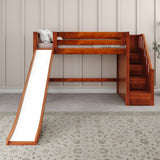 HERO CS : Play Loft Beds Twin Mid Loft Bed with Stairs + Slide, Slat, Chestnut