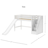 HERO WP : Play Loft Beds Twin Mid Loft Bed with Stairs + Slide, Panel, White