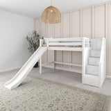 HERO WS : Play Loft Beds Twin Mid Loft Bed with Stairs + Slide, Slat, White