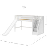HERO WS : Play Loft Beds Twin Mid Loft Bed with Stairs + Slide, Slat, White