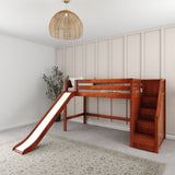 HERO XL CP : Play Loft Beds Twin XL Mid Loft Bed with Stairs + Slide, Panel, Chestnut