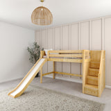 HERO XL NP : Play Loft Beds Twin XL Mid Loft Bed with Stairs + Slide, Panel, Natural