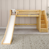 HERO XL NS : Play Loft Beds Twin XL Mid Loft Bed with Stairs + Slide, Slat, Natural