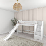HERO XL WC : Play Loft Beds Twin XL Mid Loft Bed with Stairs + Slide, Curve, White