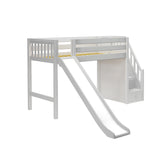 HERO XL WS : Play Loft Beds Twin XL Mid Loft Bed with Stairs + Slide, Slat, White