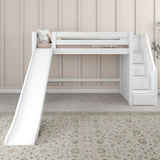 HERO XL WS : Play Loft Beds Twin XL Mid Loft Bed with Stairs + Slide, Slat, White