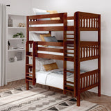 HOLY CS : Triple Bunk Classic Twin Triple Bunk Bed with Two Straight Ladders on Front, Chestnut Slats