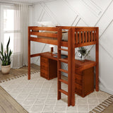 JIBJAB3 CS : Storage & Study Loft Beds Twin High Loft Bed with Straight Ladder + Desk, Slat, Chestnut