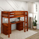 JIBJAB3 CS : Storage & Study Loft Beds Twin High Loft Bed with Straight Ladder + Desk, Slat, Chestnut