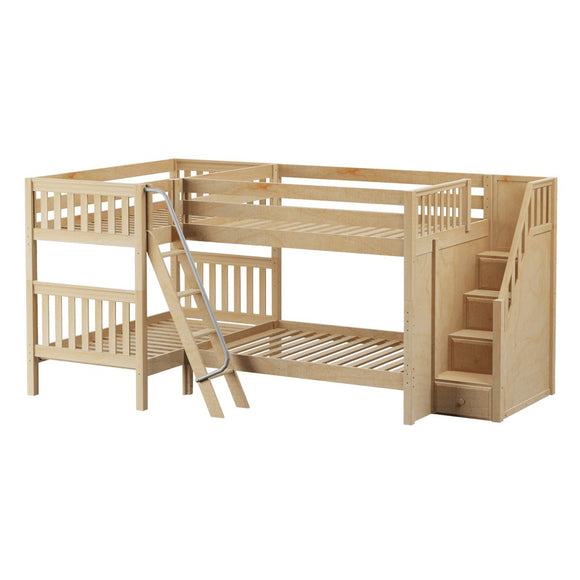 JOINT NS : Multiple Bunk Beds Full Medium Corner Bunk Bed with Ladder + Stairs - R, Slat, Natural