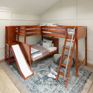 JUMBLE CS : Corner Loft Bunk High Twin over Full Corner Loft Bunk Bed with Ladder + Slide Platform, Slat, Chestnut