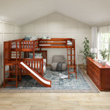 JUMBLE CS : Play Loft Beds High Twin over Full Corner Loft Bunk Bed with Ladder + Slide Platform, Slat, Chestnut