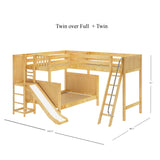 JUMBLE NP : Play Loft Beds High Twin over Full Corner Loft Bunk Bed with Ladder + Slide Platform, Panel, Natural