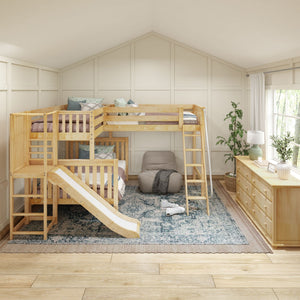 JUMBLE NS : Play Loft Beds High Twin over Full Corner Loft Bunk Bed with Ladder + Slide Platform, Slat, Natural