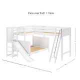 JUMBLE WP : Play Loft Beds High Twin over Full Corner Loft Bunk Bed with Ladder + Slide Platform, Panel, White