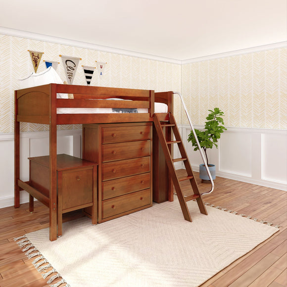 KAISER23 CP : Storage & Study Loft Beds Full High Loft w/ angled ladder, 5 drawer dresser, 2 drawer student desk, 15