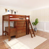 KAISER23 CS : Storage & Study Loft Beds Full High Loft w/ angled ladder, 5 drawer dresser, 2 drawer student desk, 15" High Bookcase, 37.5" High Bookcase, Slat, Chestnut