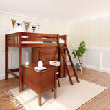 KAISER23 CS : Storage & Study Loft Beds Full High Loft w/ angled ladder, 5 drawer dresser, 2 drawer student desk, 15" High Bookcase, 37.5" High Bookcase, Slat, Chestnut