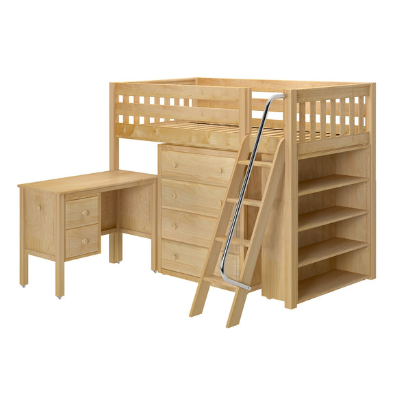 KATCHING23 NS : Storage & Study Loft Beds Twin Mid Loft Bed with Angled Ladder, Storage + Desk, Slat, Natural