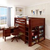 KING13 CP : Storage & Study Loft Beds Full Mid Loft w/ Straight ladder, 4 drawer dressers, 2 drawer student desk, 52.5" Mid Bookcase, Panel, Chestnut