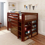 KING13 CS : Storage & Study Loft Beds Full Mid Loft w/ Straight ladder, 4 drawer dressers, 2 drawer student desk, 52.5" Mid Bookcase, Slat, Chestnut