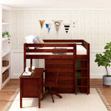 KING13 CS : Storage & Study Loft Beds Full Mid Loft w/ Straight ladder, 4 drawer dressers, 2 drawer student desk, 52.5" Mid Bookcase, Slat, Chestnut