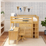 KING13 NS : Storage & Study Loft Beds Full Mid Loft w/ Straight ladder, 4 drawer dressers, 2 drawer student desk, 52.5" Mid Bookcase, Slat, Natural
