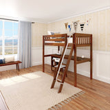 KNOCKOUT8 CS : Storage & Study Loft Beds Twin High Loft w/angled ladder, long desk, 22.5" low bookcase, Slat, Chestnut