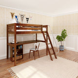 KNOCKOUT8 CS : Storage & Study Loft Beds Twin High Loft w/angled ladder, long desk, 22.5" low bookcase, Slat, Chestnut