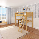 KNOCKOUT8 NP : Storage & Study Loft Beds Twin High Loft w/angled ladder, long desk, 22.5" low bookcase, Panel, Natural