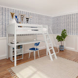 KNOCKOUT8 WP : Storage & Study Loft Beds Twin High Loft w/angled ladder, long desk, 22.5" low bookcase, Panel, White