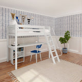 KNOCKOUT8 WS : Storage & Study Loft Beds Twin High Loft w/angled ladder, long desk, 22.5" low bookcase, Slat, White