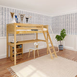 KNOCKOUT8 XL NP : Storage & Study Loft Beds Twin XL High Loft w/angled ladder, long desk, 22.5" low bookcase, Panel, Natural