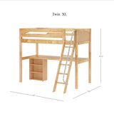 KNOCKOUT8 XL NP : Storage & Study Loft Beds Twin XL High Loft w/angled ladder, long desk, 22.5" low bookcase, Panel, Natural
