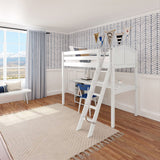 KNOCKOUT8 XL WC : Storage & Study Loft Beds Twin XL High Loft w/angled ladder, long desk, 22.5" low bookcase, Curve, White