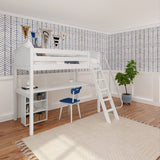 KNOCKOUT8 XL WC : Storage & Study Loft Beds Twin XL High Loft w/angled ladder, long desk, 22.5" low bookcase, Curve, White
