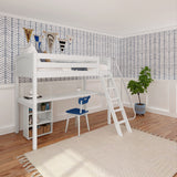 KNOCKOUT8 XL WP : Storage & Study Loft Beds Twin XL High Loft w/angled ladder, long desk, 22.5" low bookcase, Panel, White